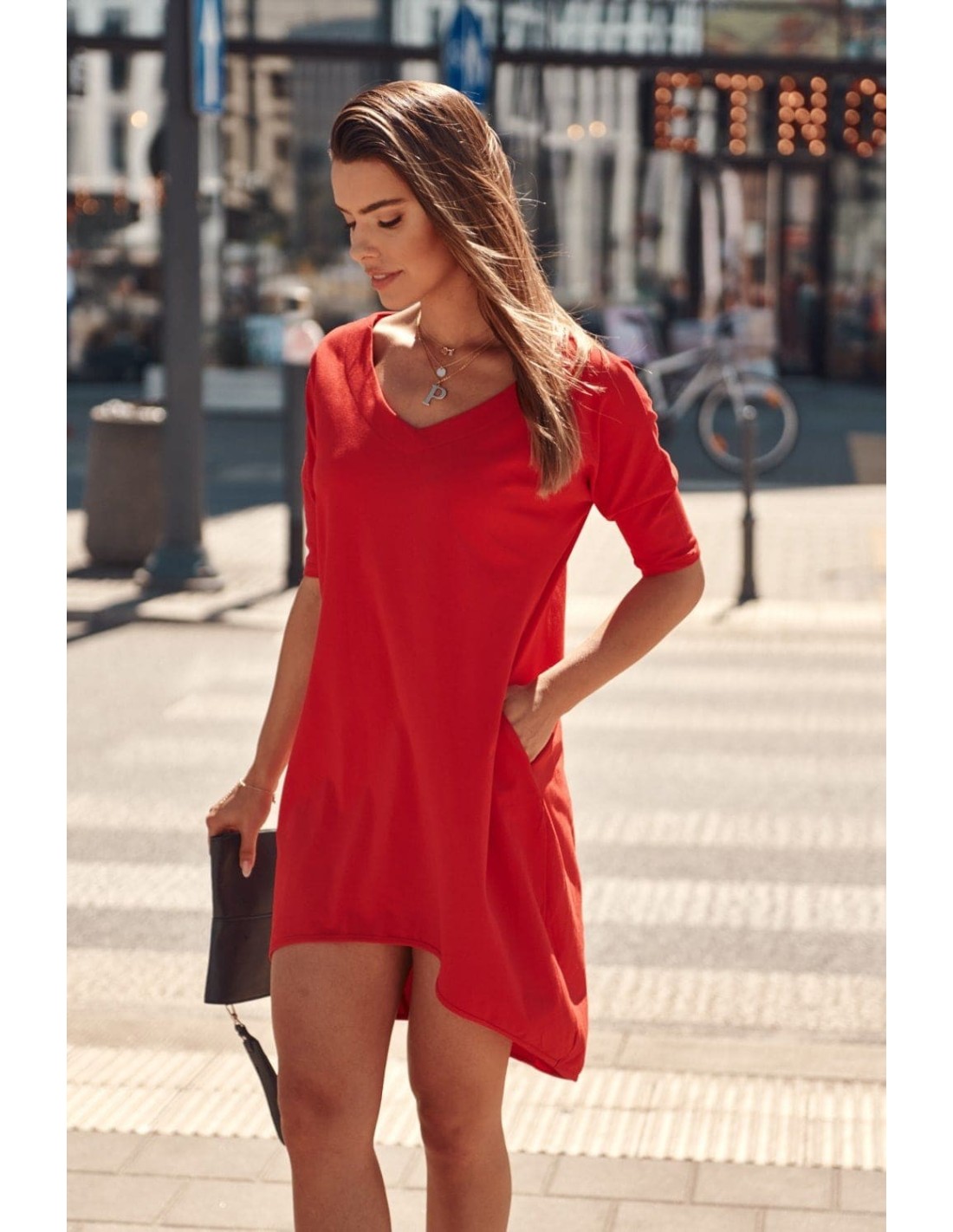 Oversize V-neck dress, red 3753 - Online store - Boutique